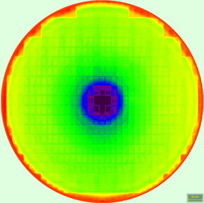 ChemetriQ charge map of a 45nm node GlobalFoundries CMP wafer from a malfunctioning cleaning tool. The dark blue region at the center was charged to -4.5V, which was sufficient to cause yield loss of all the dice in that region. Prior to this charge map being generated, GlobalFoundries had taken this tool offline because of the yield issue with no correlating defectivity reported by optical inspection tools used at the fab. (Source: Qcept Technologies)